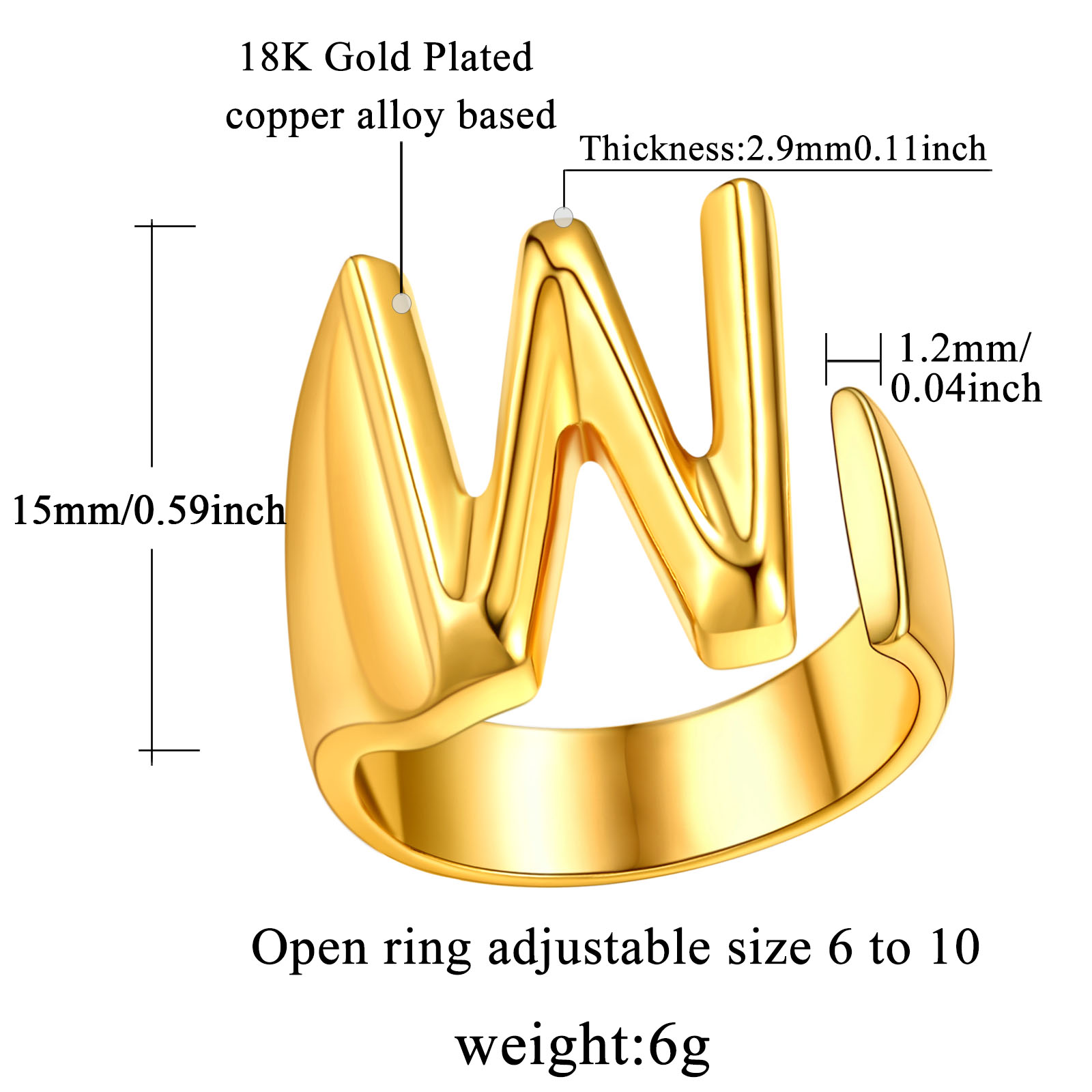 18K Gold Plated Initial Alphabet Resizable Knuckle Cuff Rings Details: Dimensions, Hypoallergenic, Adjustable size for 6~11
