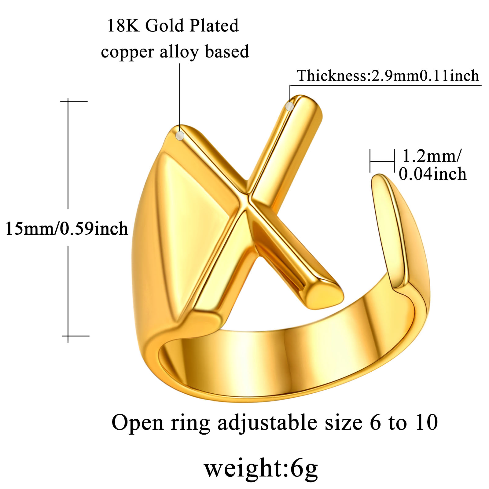 18K Gold Plated Initial Alphabet Resizable Knuckle Cuff Rings Details: Dimensions, Hypoallergenic, Adjustable size for 6~11