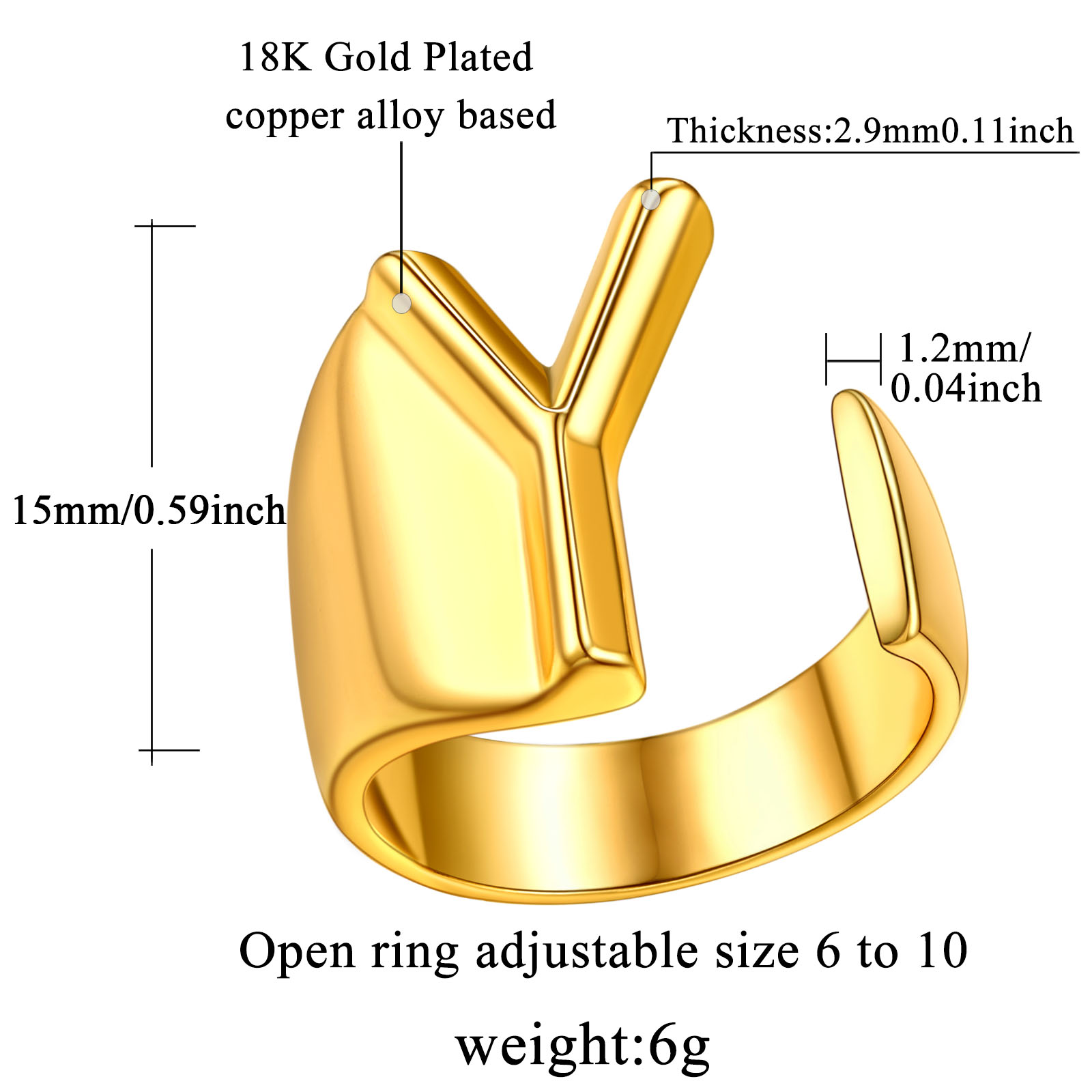 18K Gold Plated Initial Alphabet Resizable Knuckle Cuff Rings Details: Dimensions, Hypoallergenic, Adjustable size for 6~11