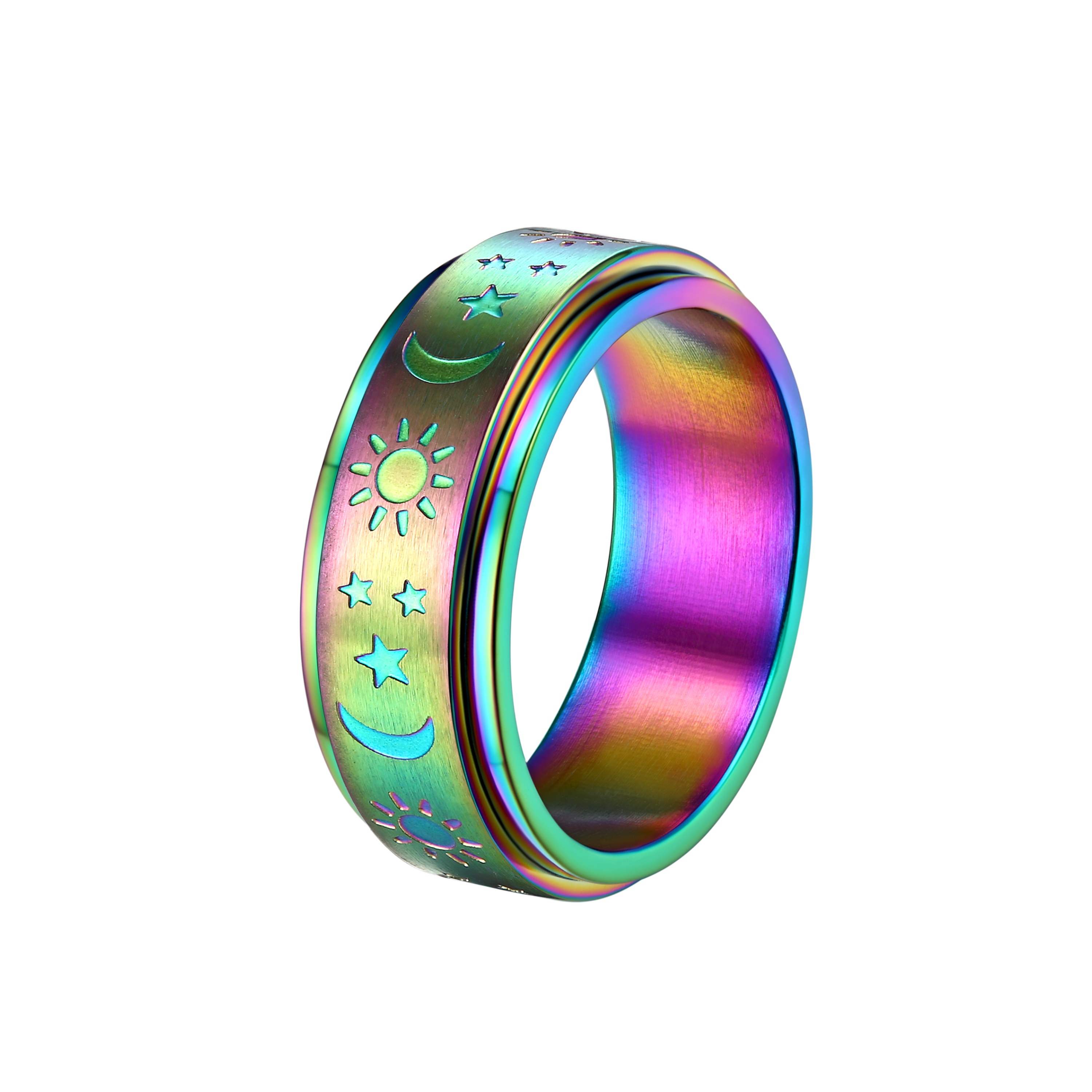 Stainless Steel Spinner Moon and Sun Mixed Color Band Rings