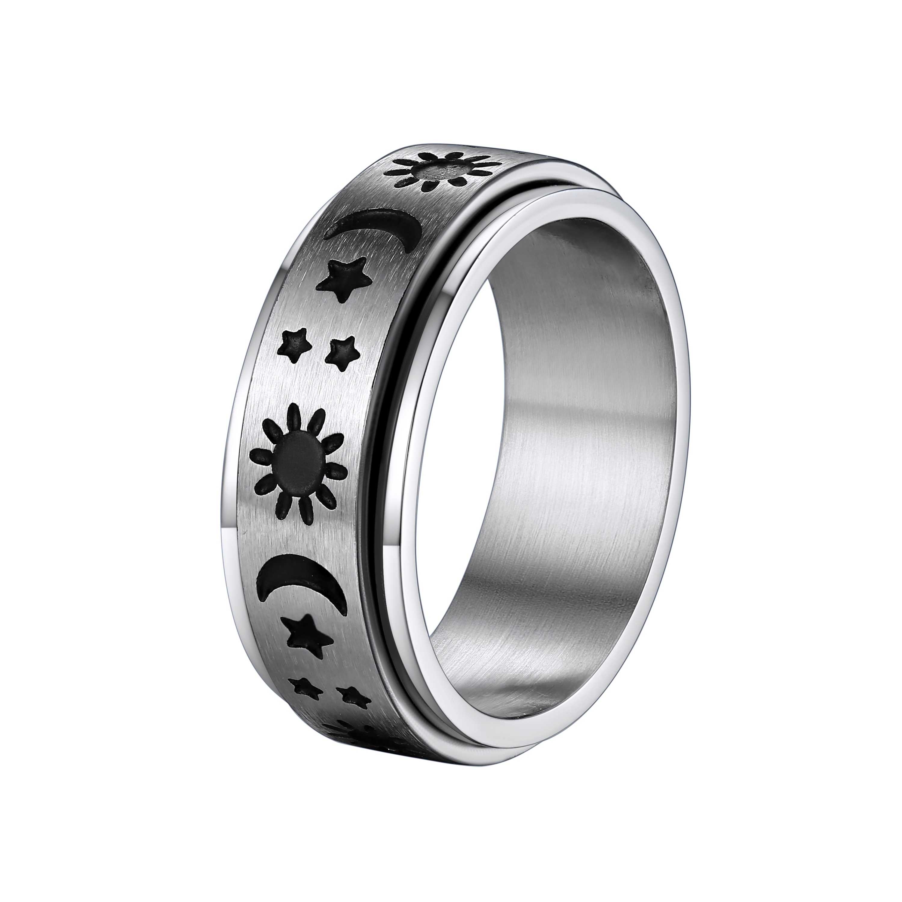 Stainless Steel Spinner Moon and Sun Mixed Color Band Rings