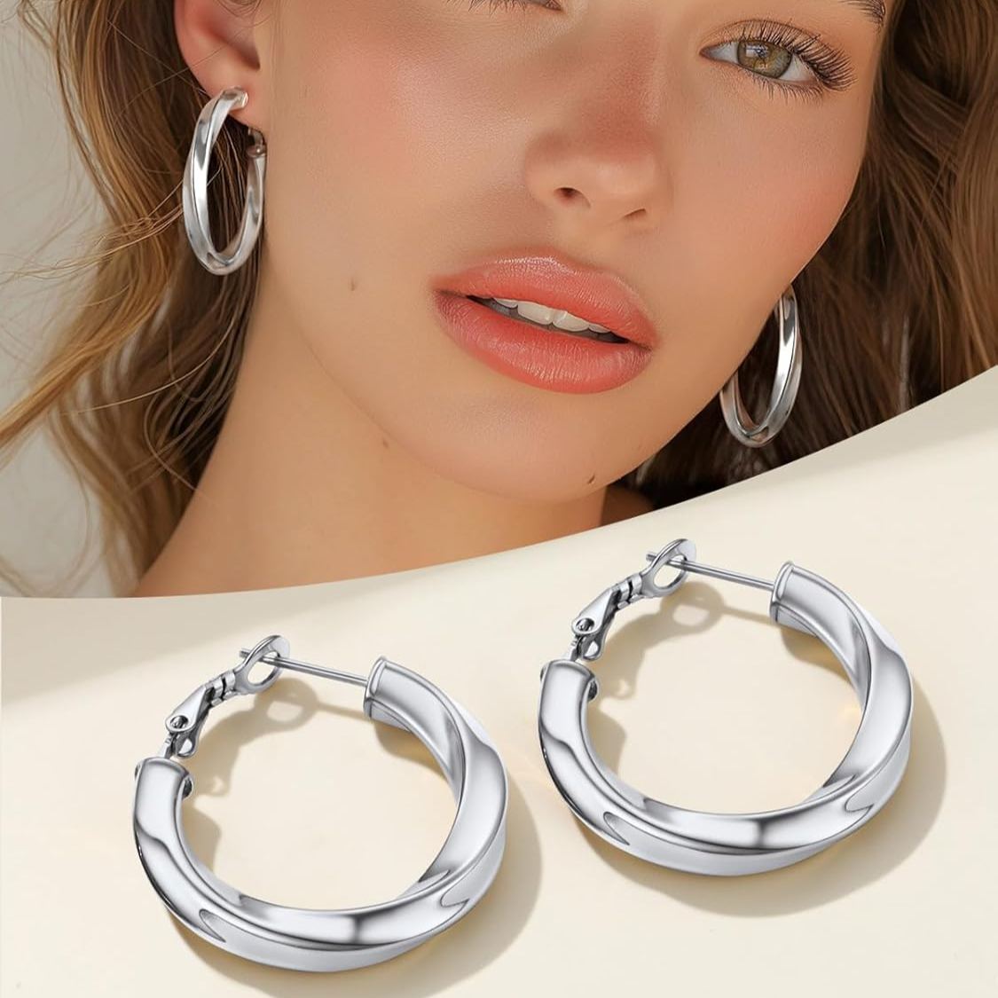 316L Stainless Steel Cube Twisted Chunky Tube Hoop Earrings  for Women/Ladies