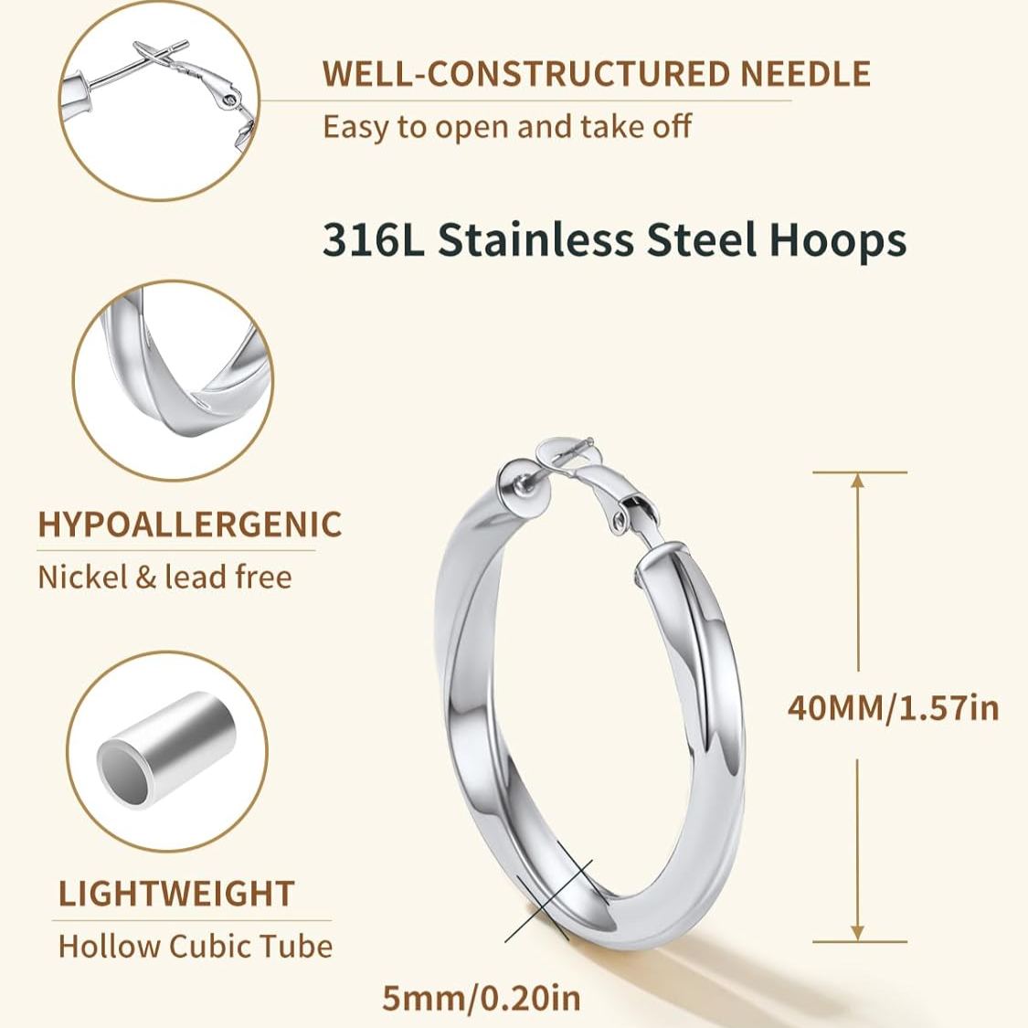 Cube Twisted Chunky Tube Hoop Earrings Details: Dimensions, Hypoallergenic, Hinged Hoop