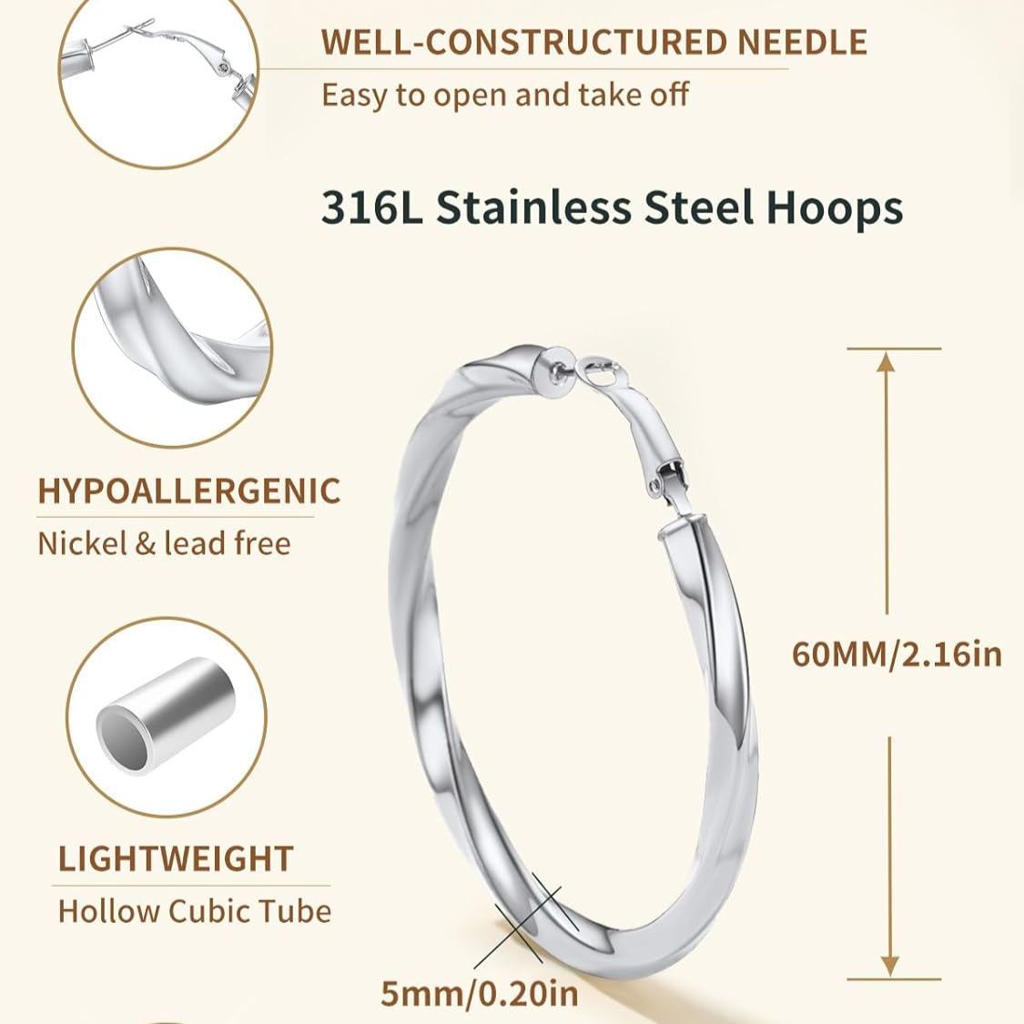 Cube Twisted Chunky Tube Hoop Earrings Details: Dimensions, Hypoallergenic, Hinged Hoop