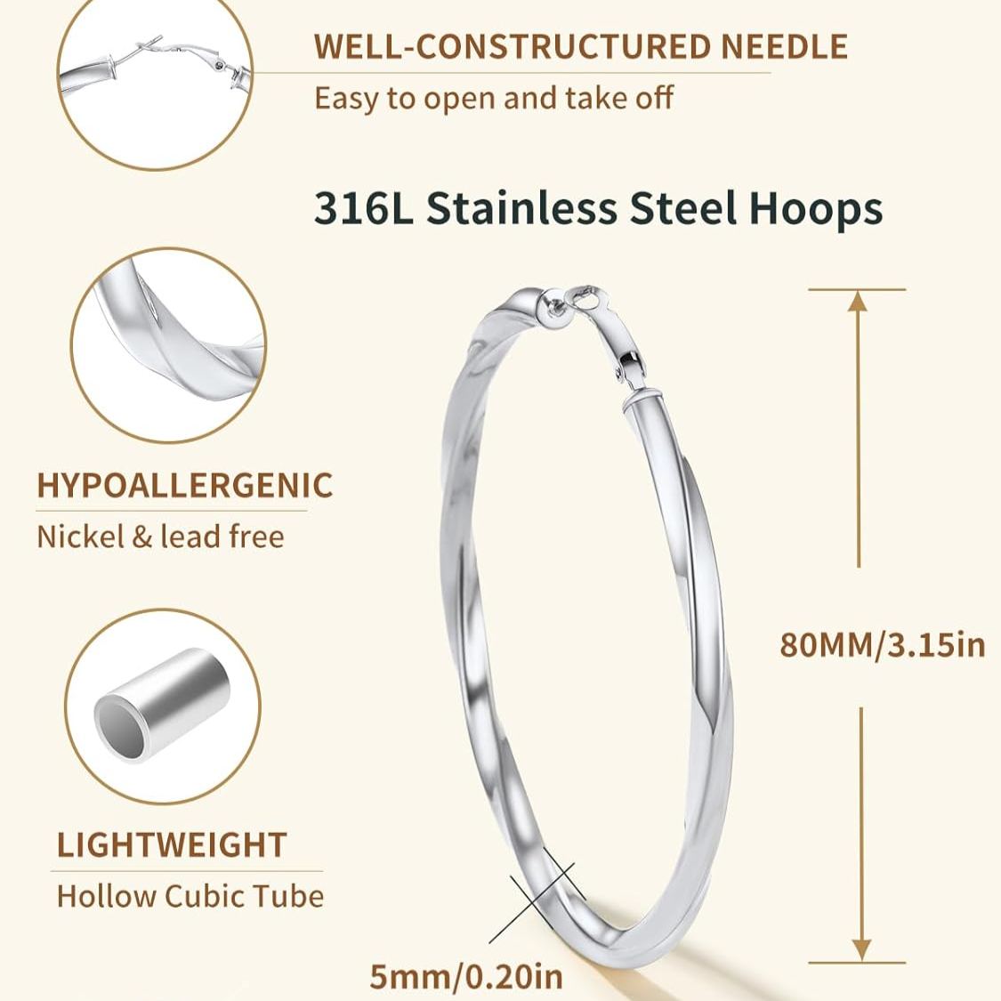 Cube Twisted Chunky Tube Hoop Earrings Details: Dimensions, Hypoallergenic, Hinged Hoop