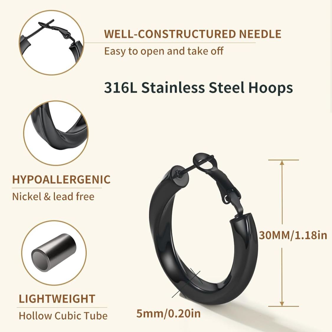 Cube Twisted Chunky Tube Hoop Earrings Details: Dimensions, Hypoallergenic, Hinged Hoop