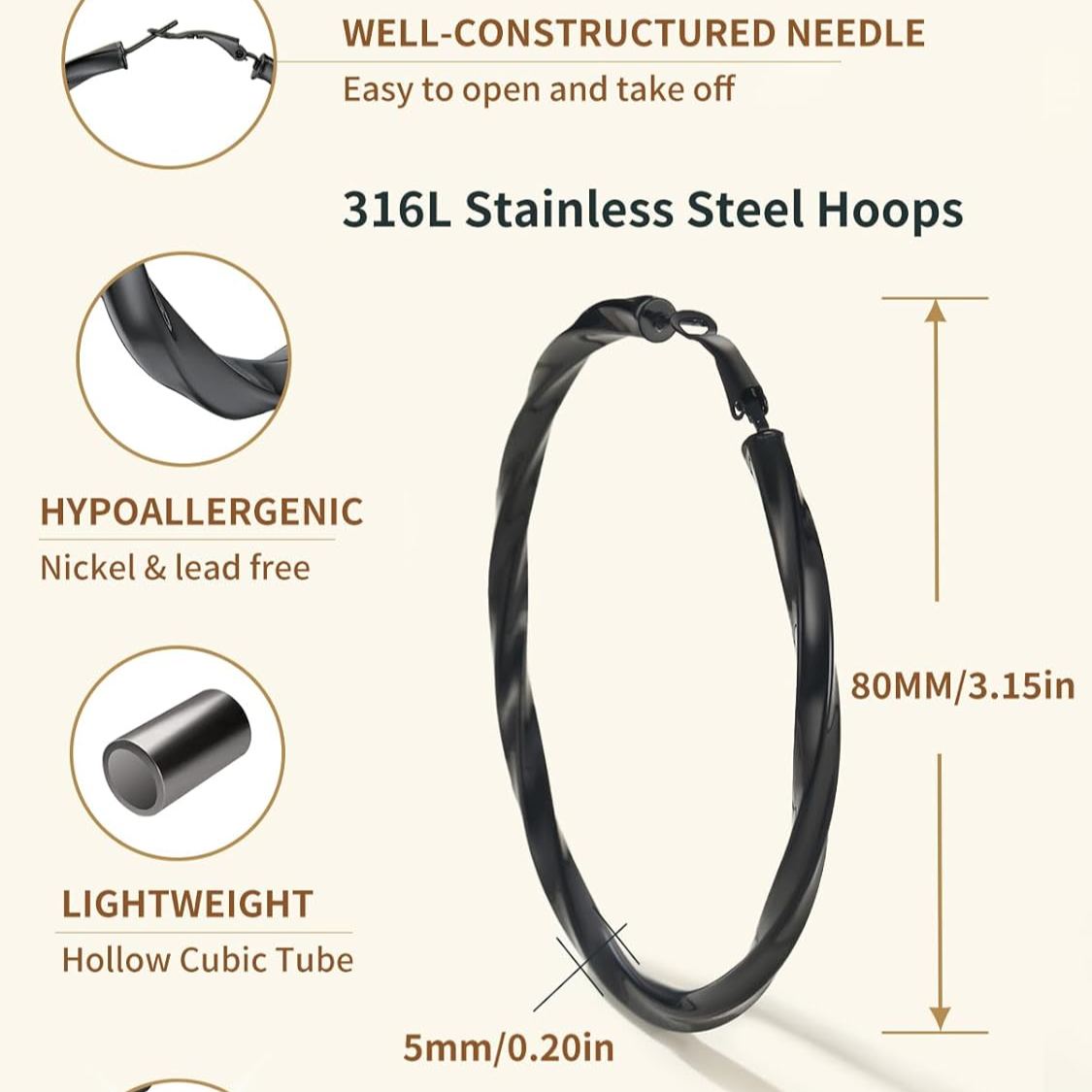 Cube Twisted Chunky Tube Hoop Earrings Details: Dimensions, Hypoallergenic, Hinged Hoop