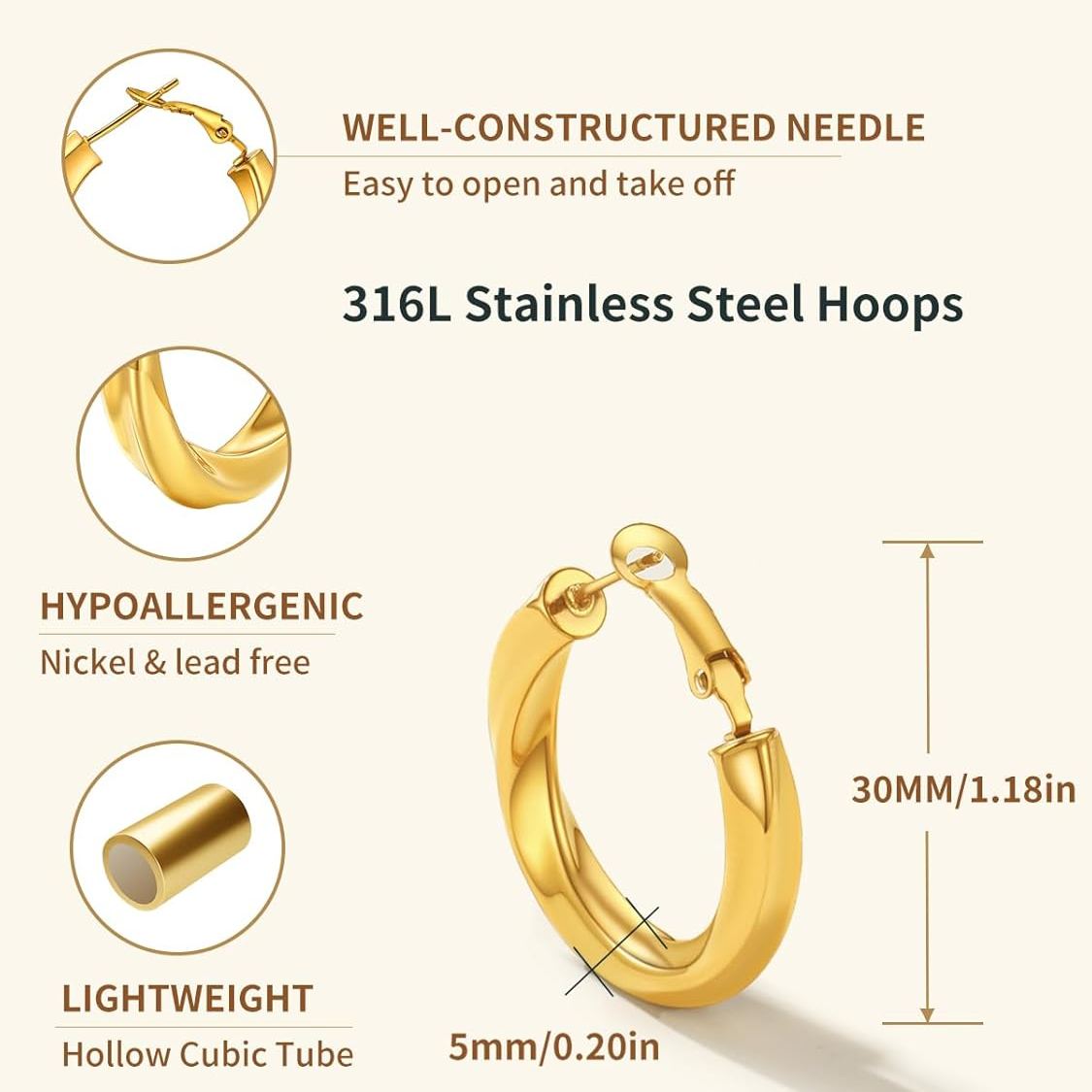 Cube Twisted Chunky Tube Hoop Earrings Details: Dimensions, Hypoallergenic, Hinged Hoop