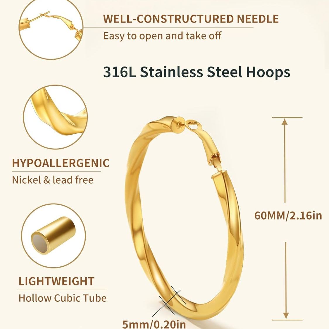 Cube Twisted Chunky Tube Hoop Earrings Details: Dimensions, Hypoallergenic, Hinged Hoop