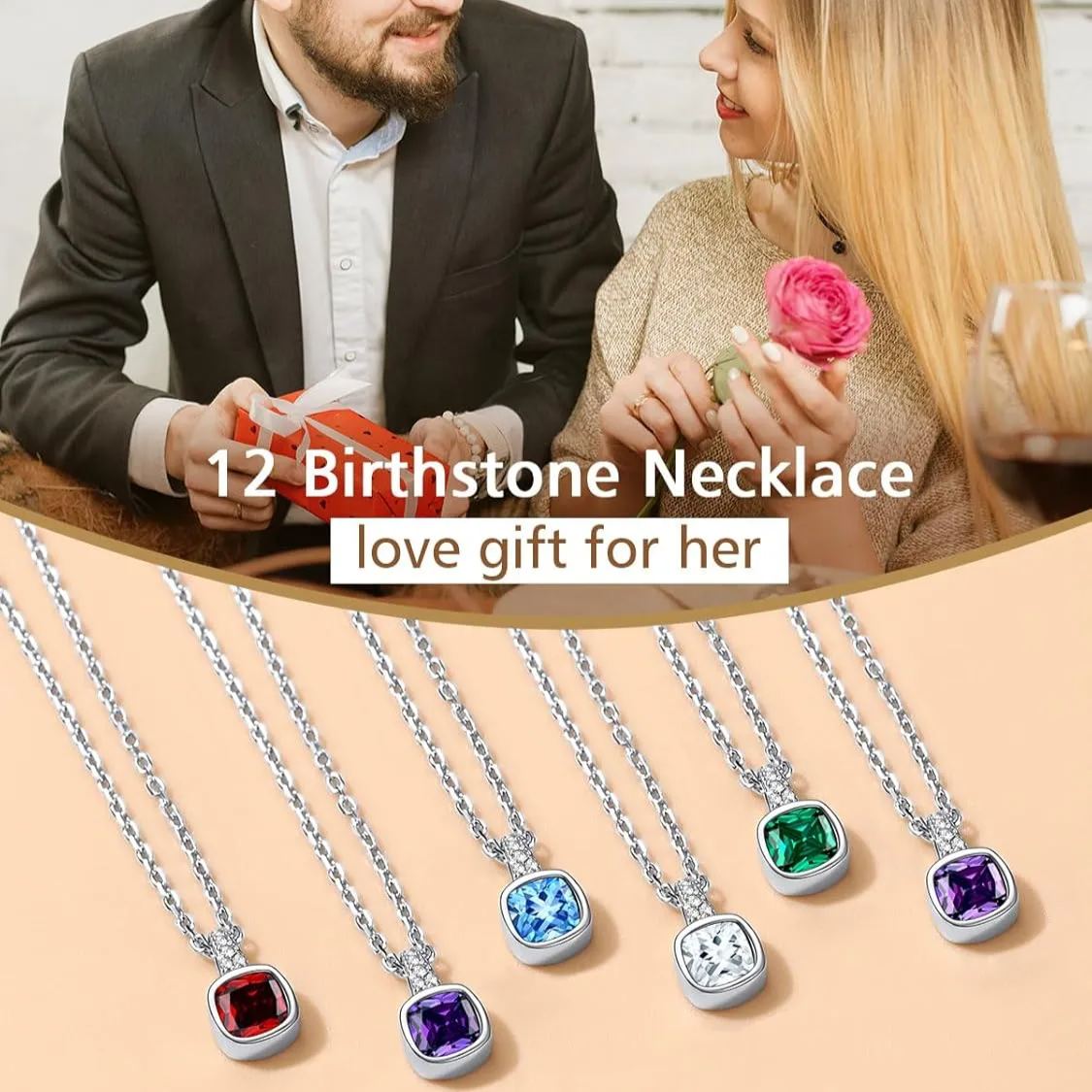 Square Birthstone Necklace in Different Month Colors