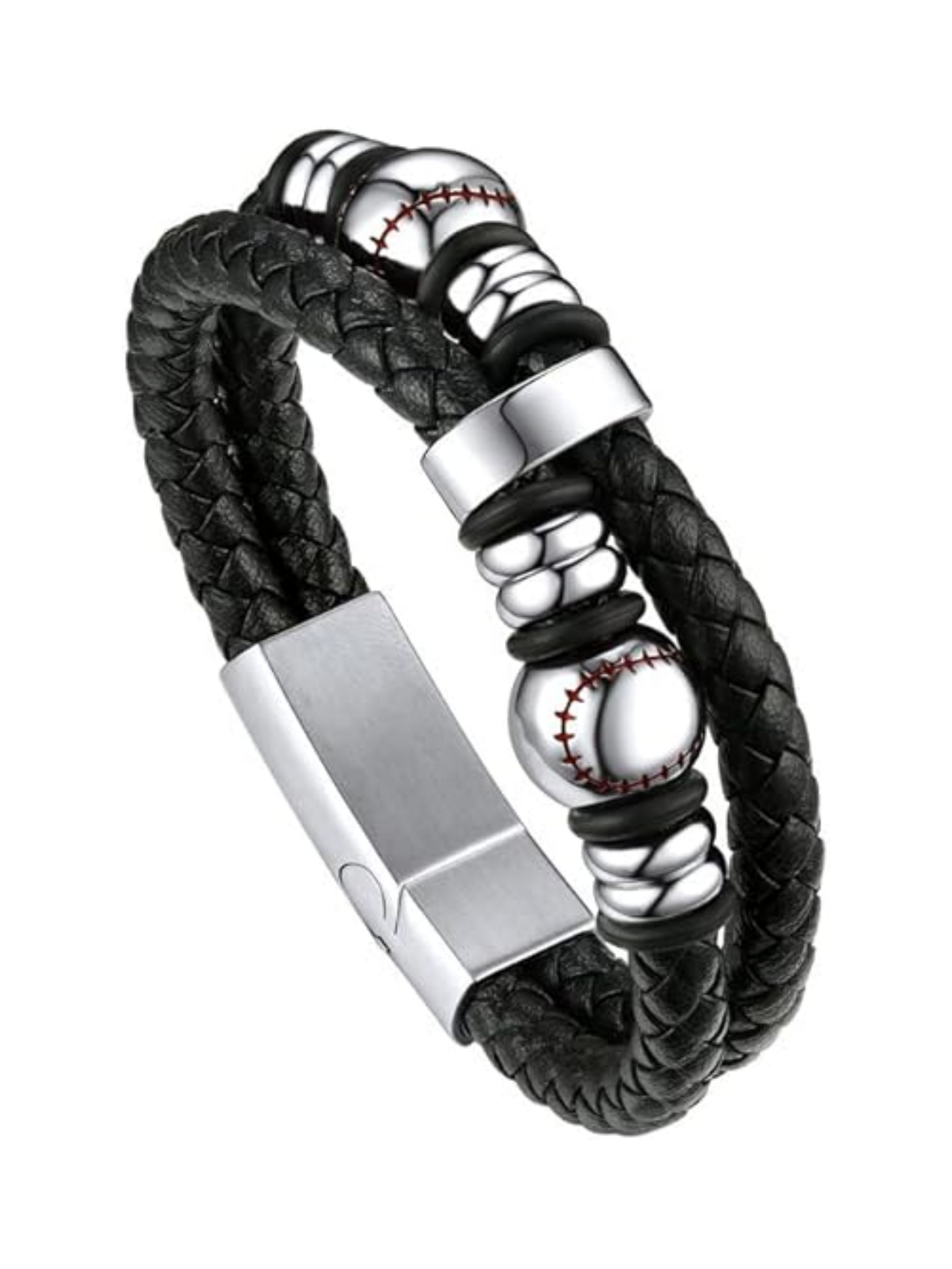 Double Row Black Braided Leather Wristband Baseball Beaded Bangle