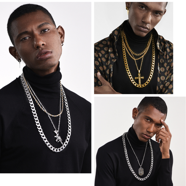 Men wearing layered Cuban link chains
