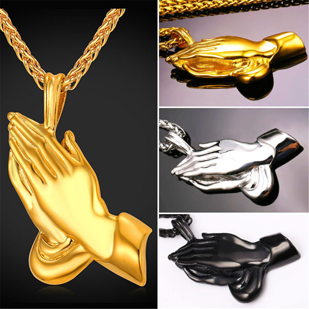 Gold, STEEL, Black Prayer Hands Necklace Details Collage 