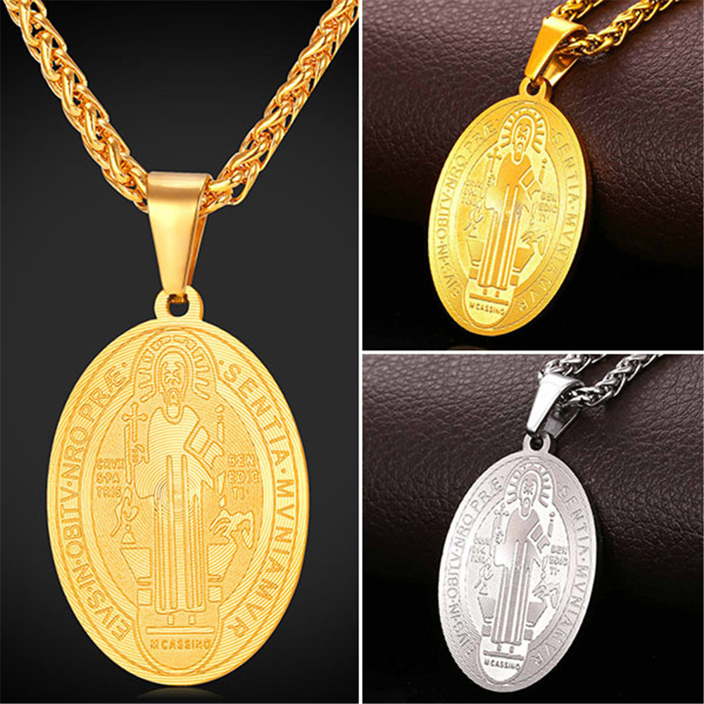 St Benedict Medal Pendant Stainless Steel Chain Close-up View