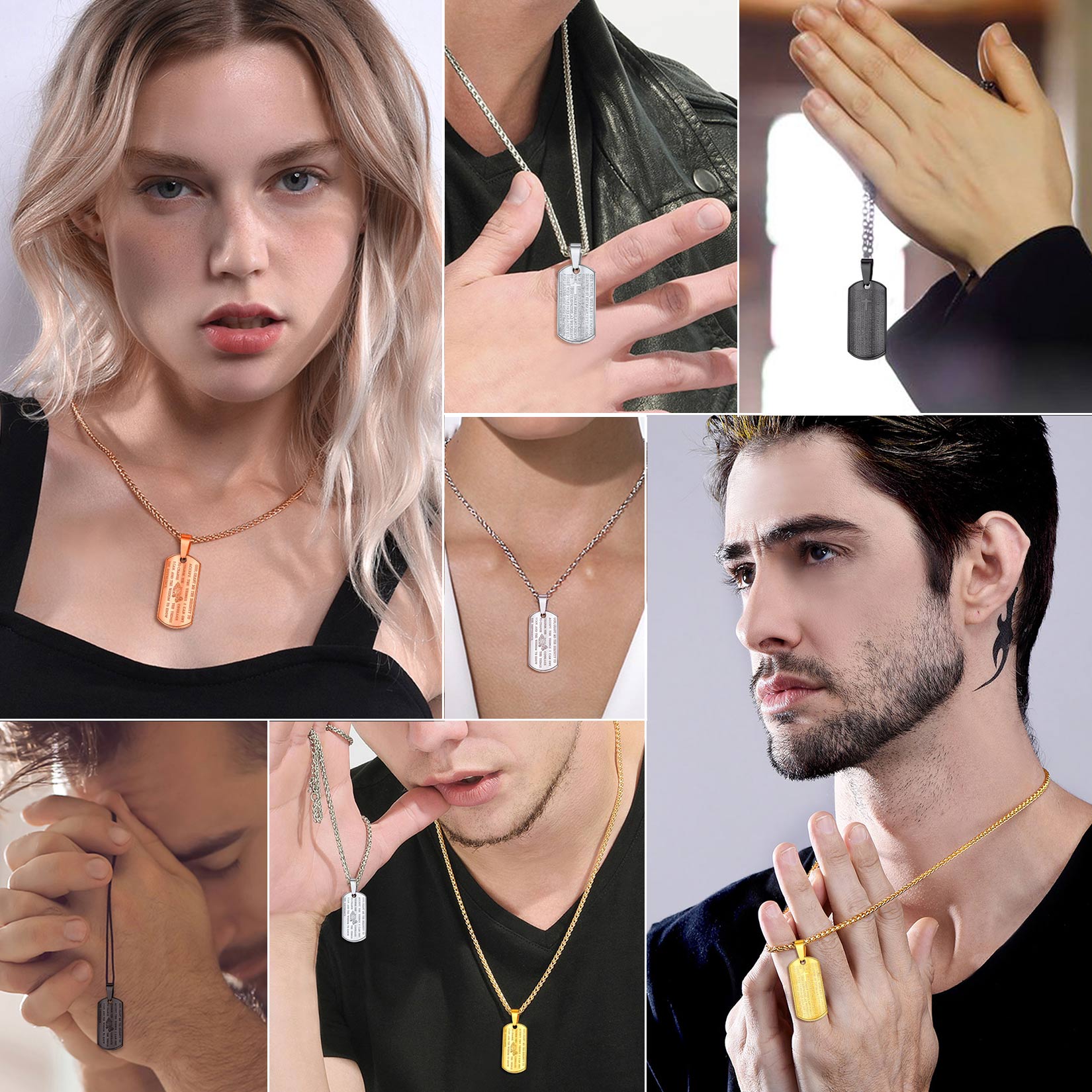 Collage: Serenity Prayer Necklaces on Men & Women
