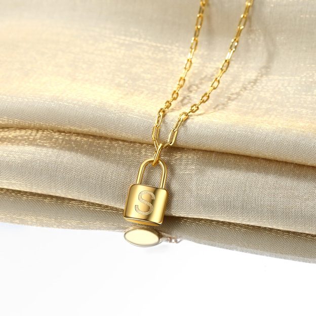 Gold-plated paperclip chain padlock necklace