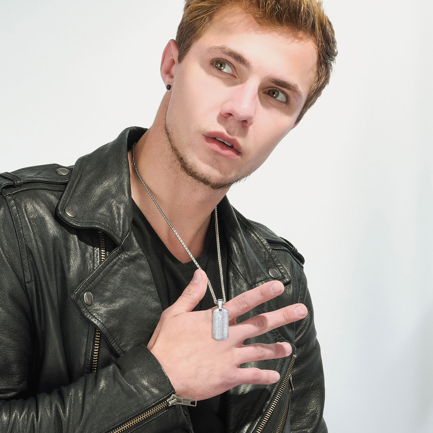Serenity Prayer Necklace on Man in Leather Jacket