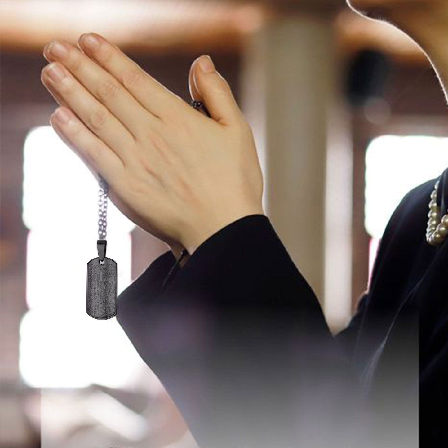 Black Stainless Steel Prayer Dog Tag Necklace in Hands