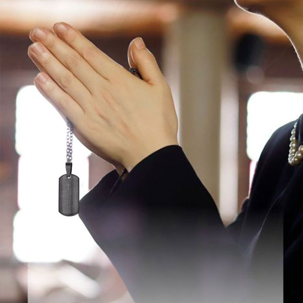 Black Stainless Steel Prayer Dog Tag Necklace in Hands