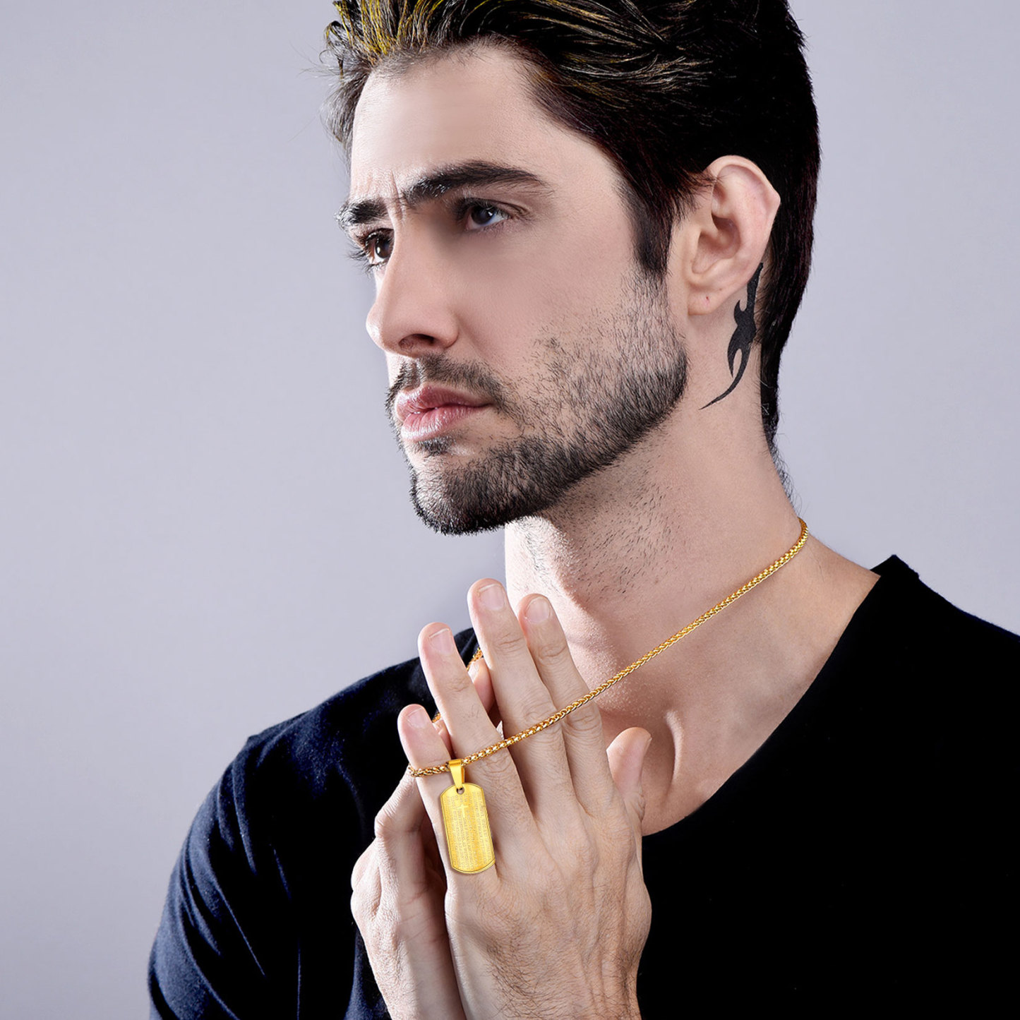 Gold Serenity Prayer Necklace on Man, Religious Jewelry