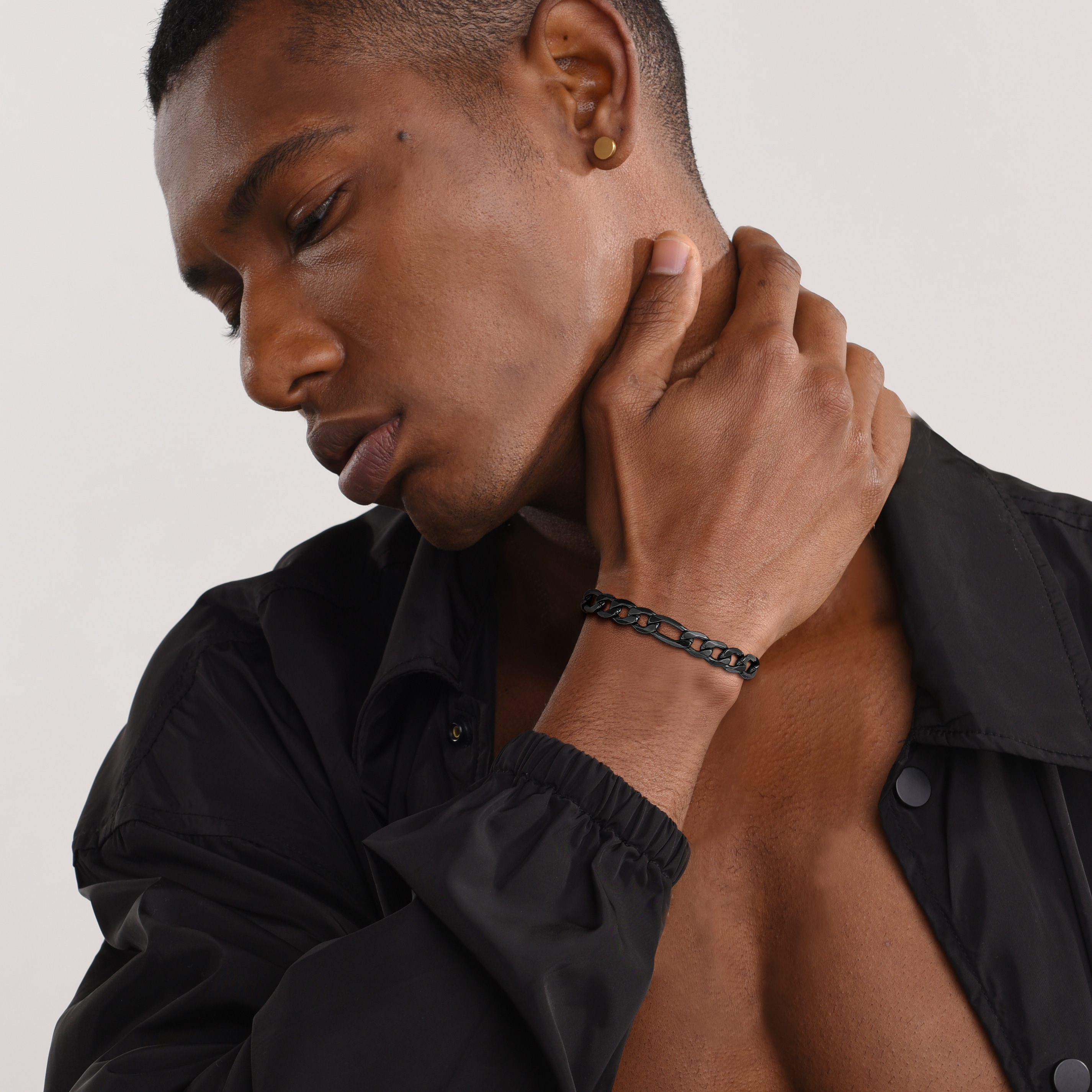 Black Figaro stainless steel bracelet on wrist
