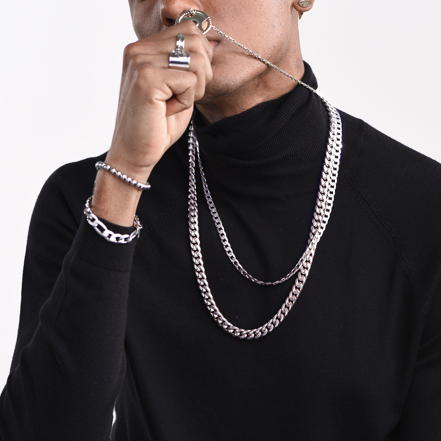 Cuban Chain Layered on Black Turtleneck - PROSTEEL Men's Necklace