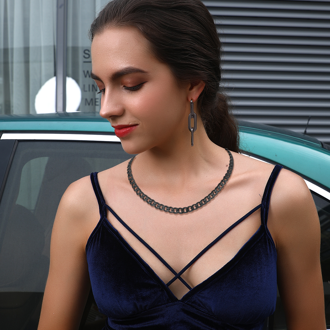 Black Cuban Chain on Blue Dress Women's Stainless Steel Punk Cool Necklace
