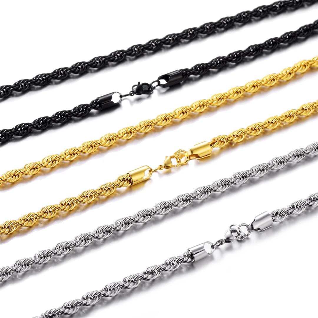 3/6mm Stainless Steel Twisted Rope Chain Necklace for Men Women with 3 Colors