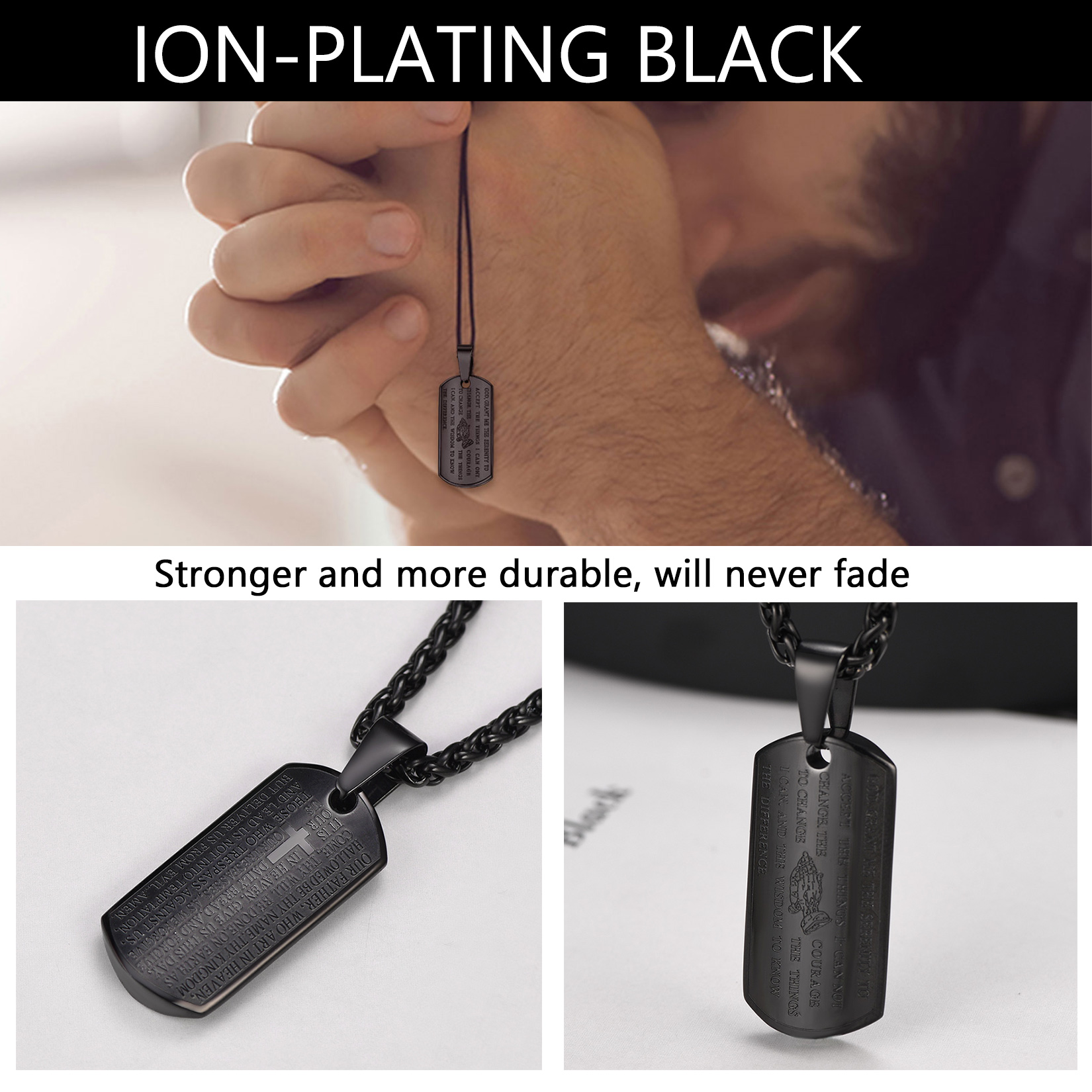  Black Serenity Prayer Dog Tag Necklace, Durable