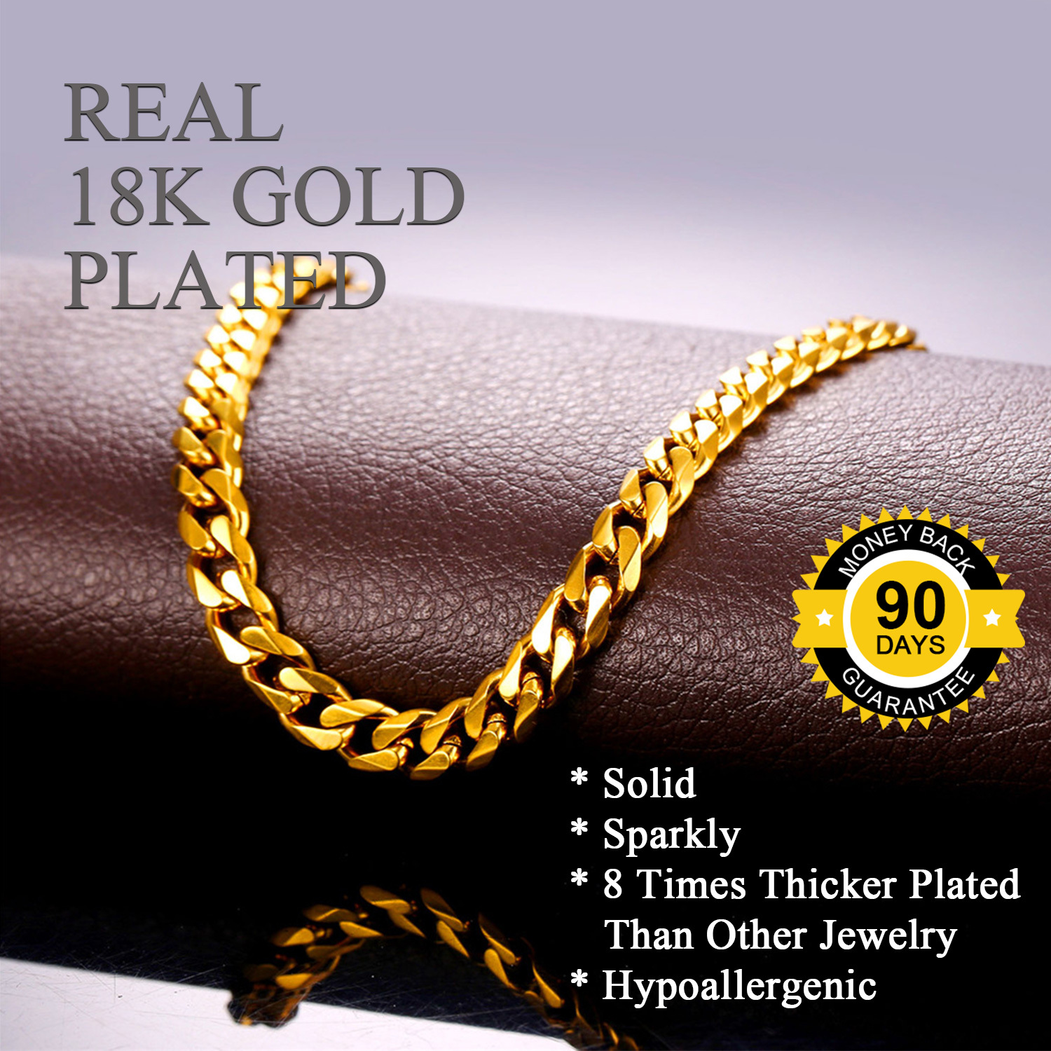 18K Gold Plated Cuban Chain Stainless Steel Necklace 90 Days Money Back Guarantee
