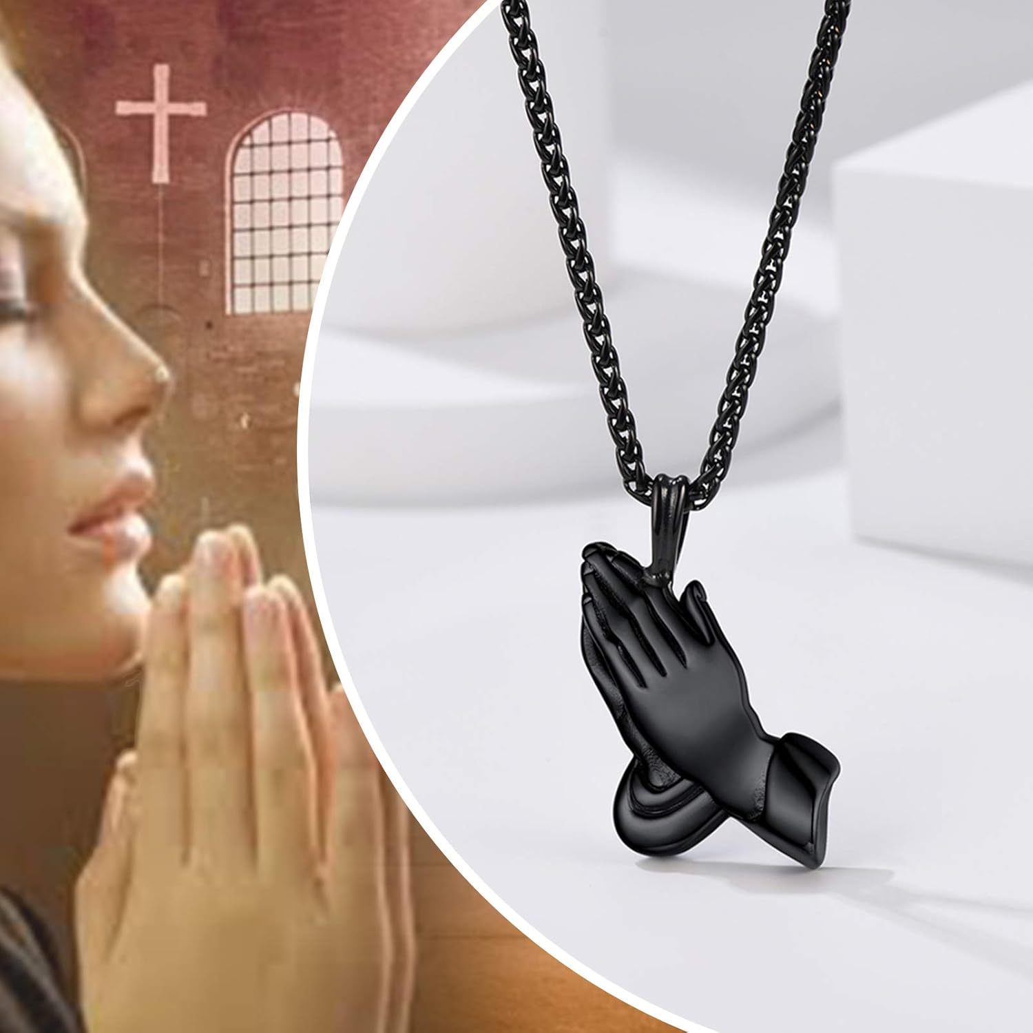 Black Prayer Hands Necklace with Praying Hands & Church Background