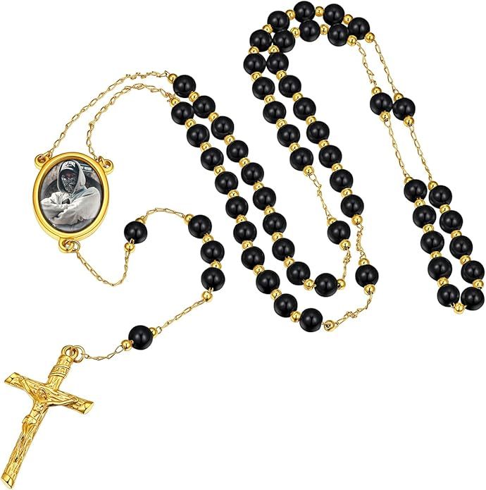 Women's Glass Pearl Rosary Necklace Gold Plated