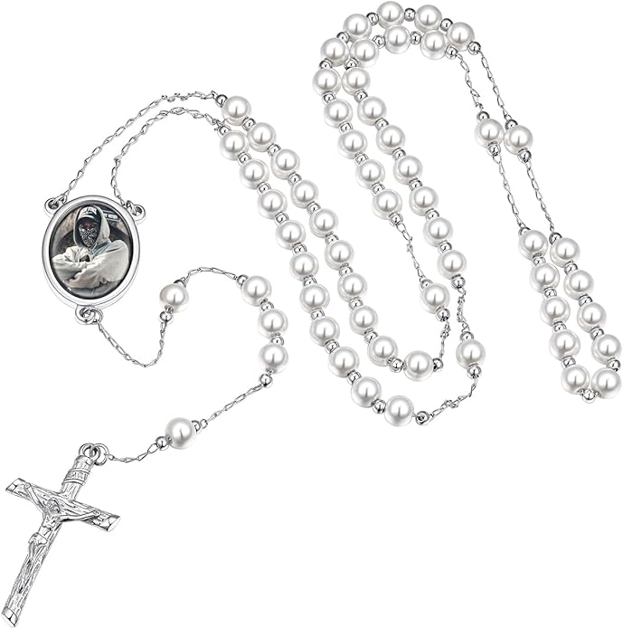 Glass Pearl Rosary Necklace Steel