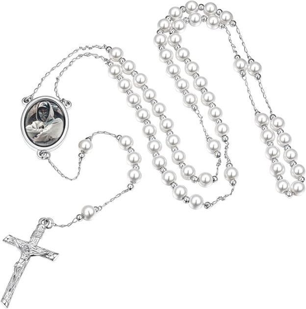 Glass Pearl Rosary Necklace Steel