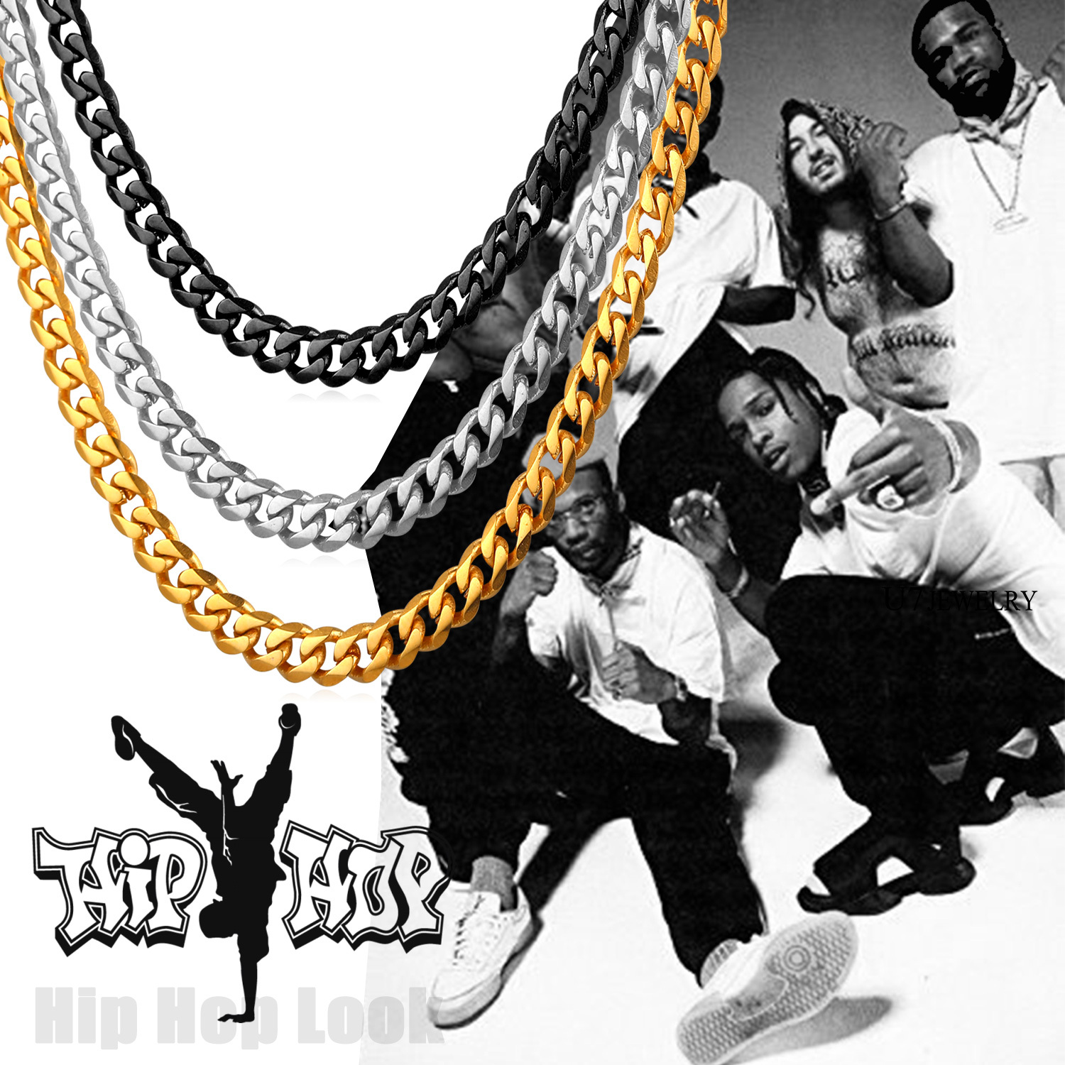 Gold Steel Black Cuban Chains Hip Hop Style Stainless Steel Necklaces