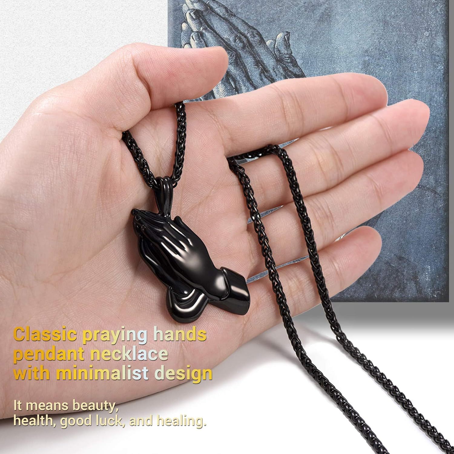 Black Prayer Hands Pendant Necklace in Hand with Art Print 