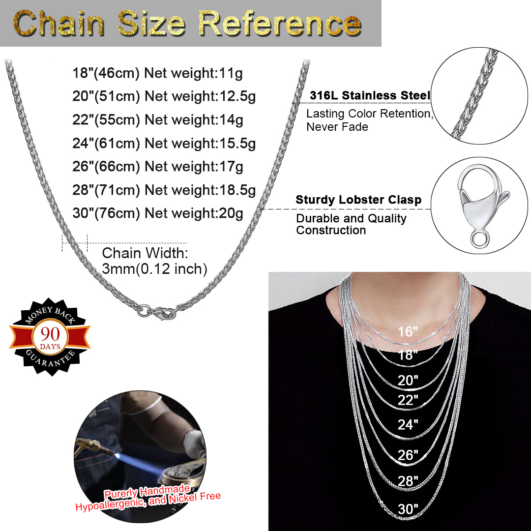 Spiga Wheat Chain Necklace Size Chart, Steel chain for men