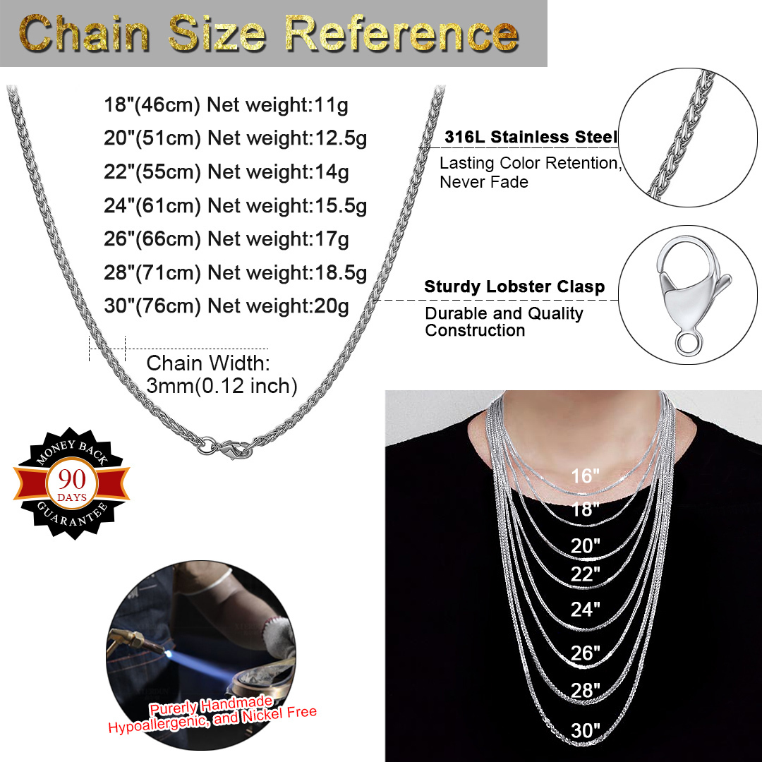 Spiga Wheat Chain Necklace Size Chart, Steel chain for men