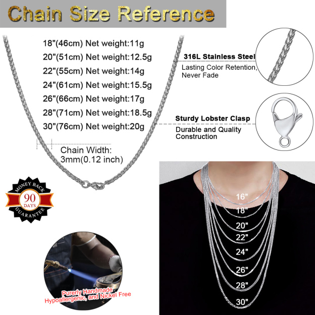 Spiga Wheat Chain Necklace Size Chart, Steel chain for men