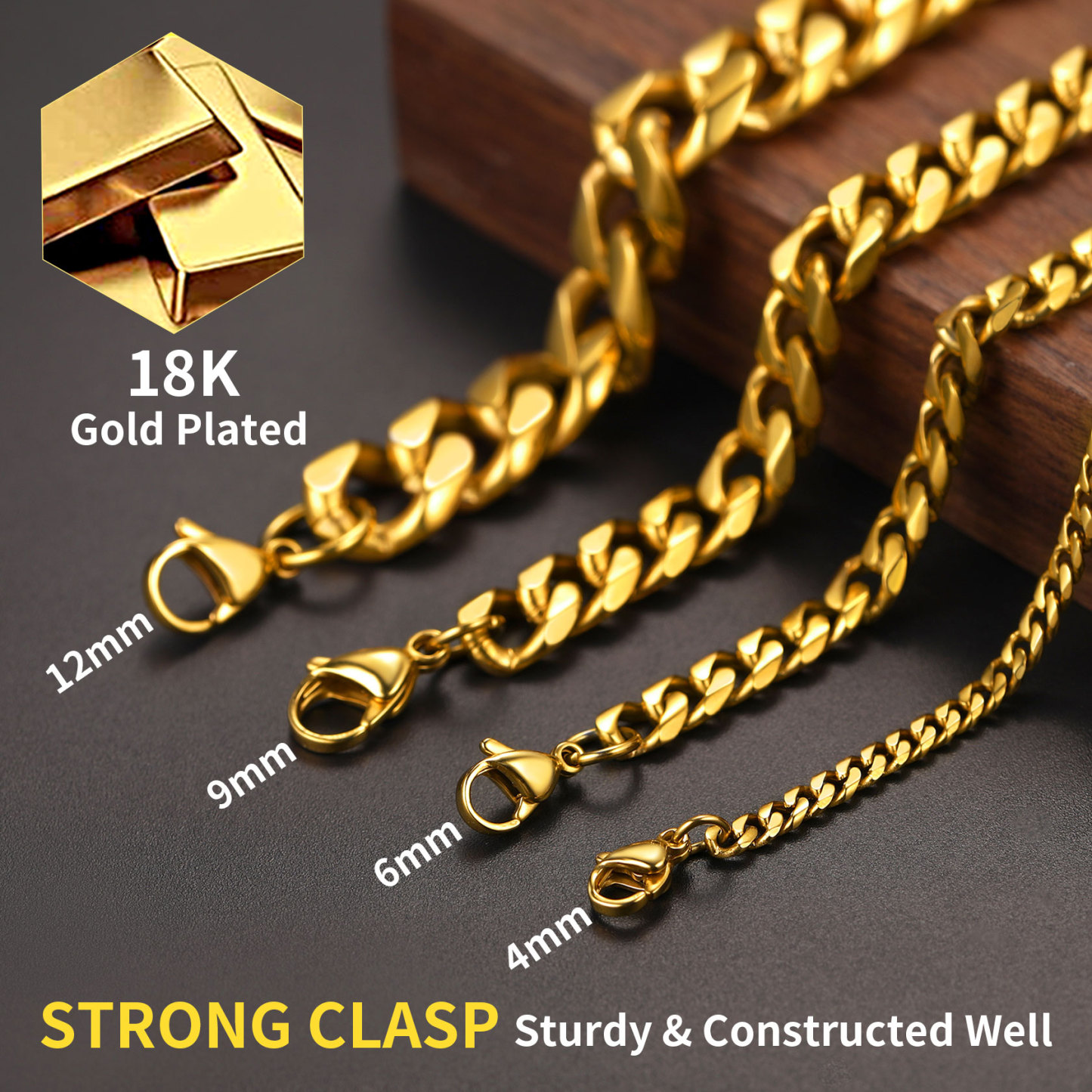 Gold Miami Cuban Link Chain Necklace for Men, Strong Clasp