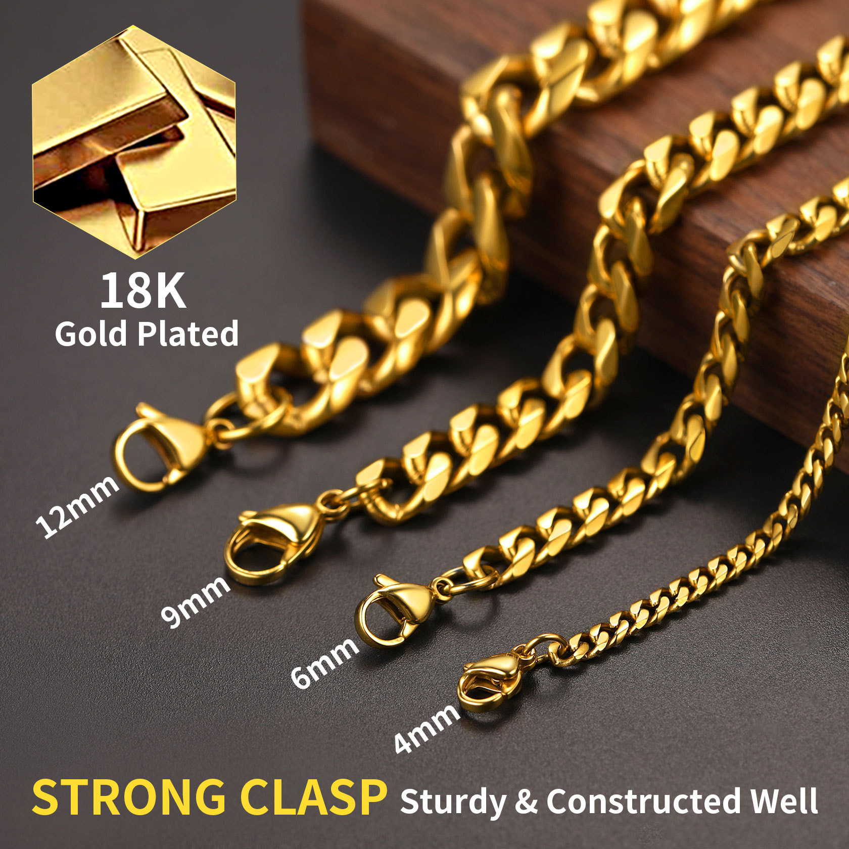 Gold Miami Cuban Link Chain Necklace for Men, Strong Clasp