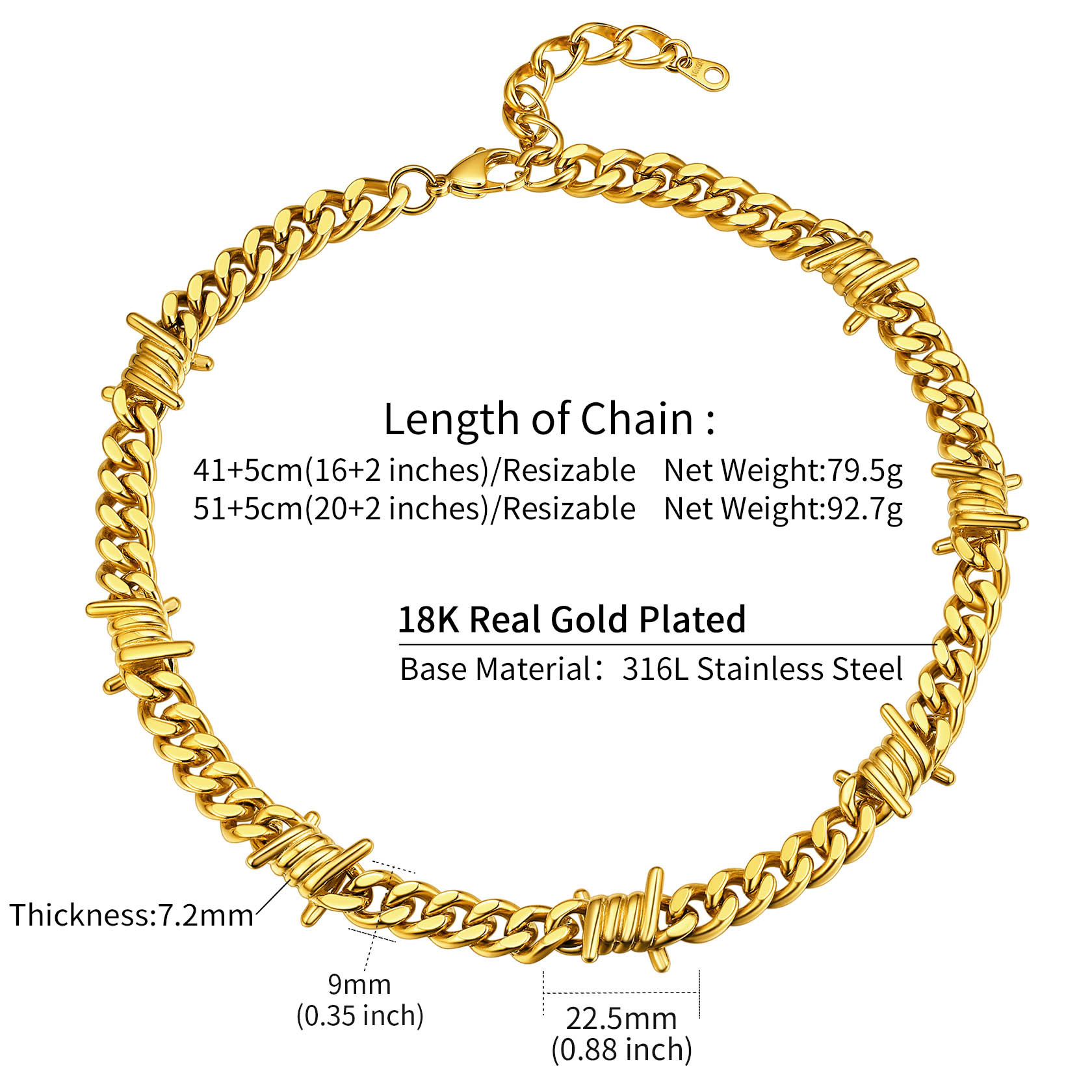 Gold Barb Wire Cuban Link Chain Necklace, 9MM Width, Multiple Lengths Choices