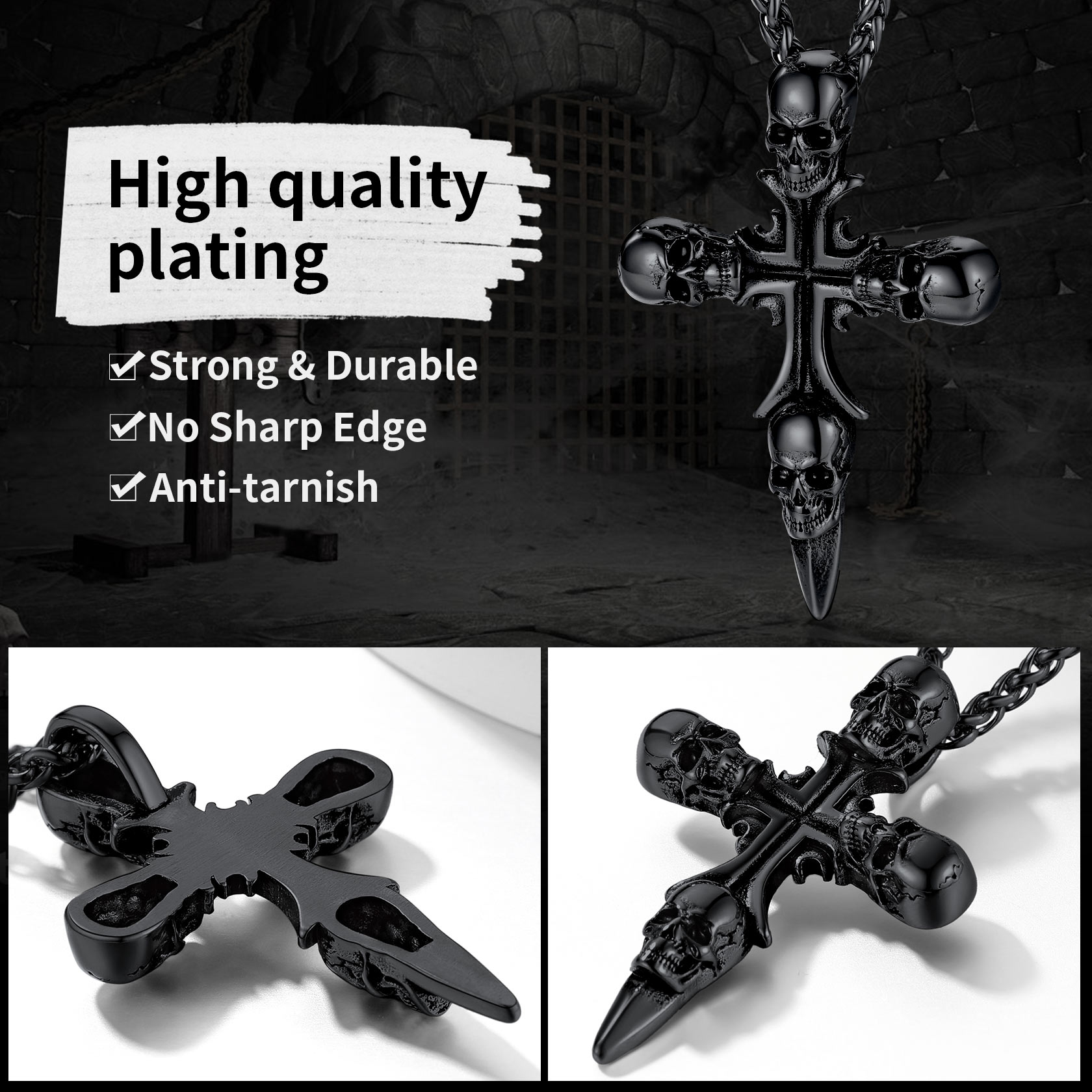 Strong - Durable Skull Cross Pendant Necklace with Black Plated