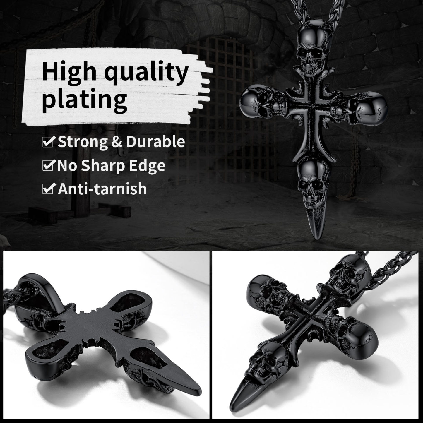Strong - Durable Skull Cross Pendant Necklace with Black Plated