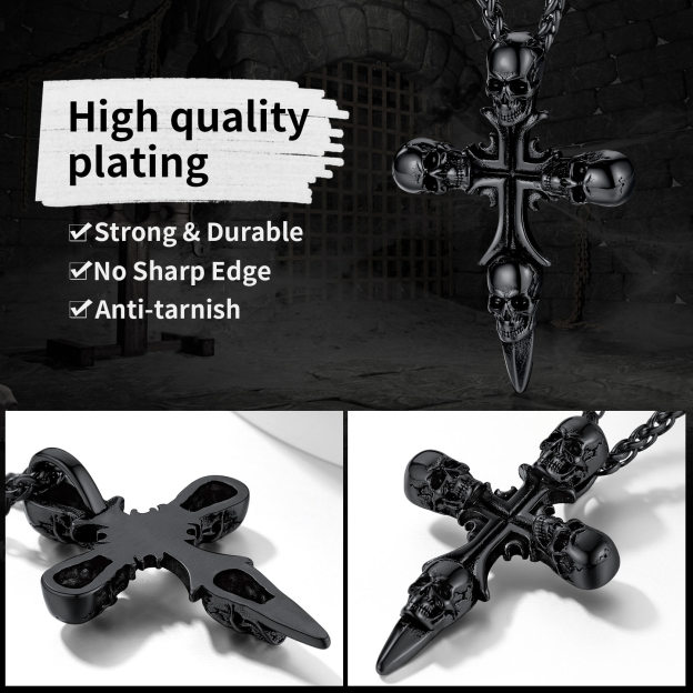Strong - Durable Skull Cross Pendant Necklace with Black Plated