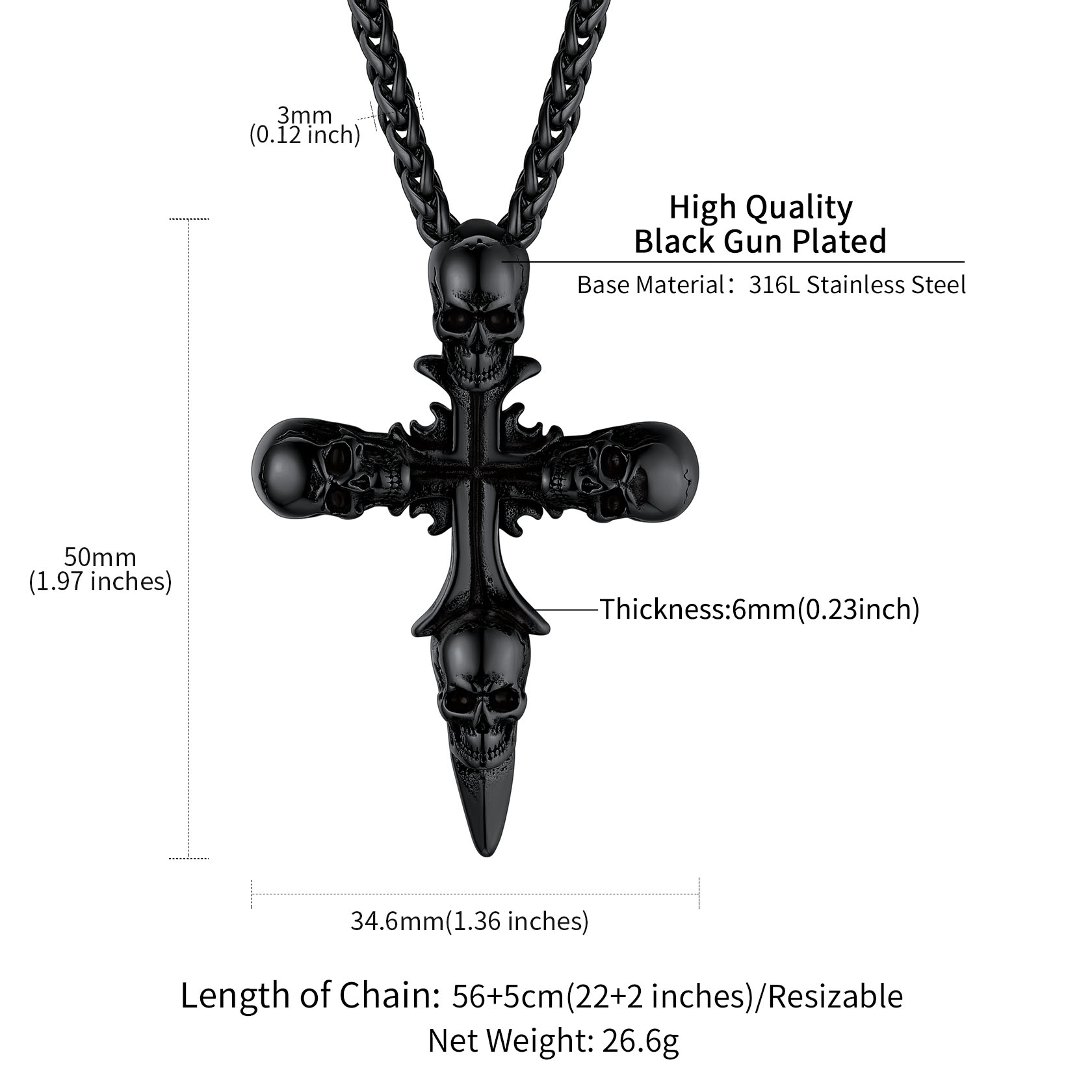Skull Cross Pendant Necklace with Black Plated Size Guide
