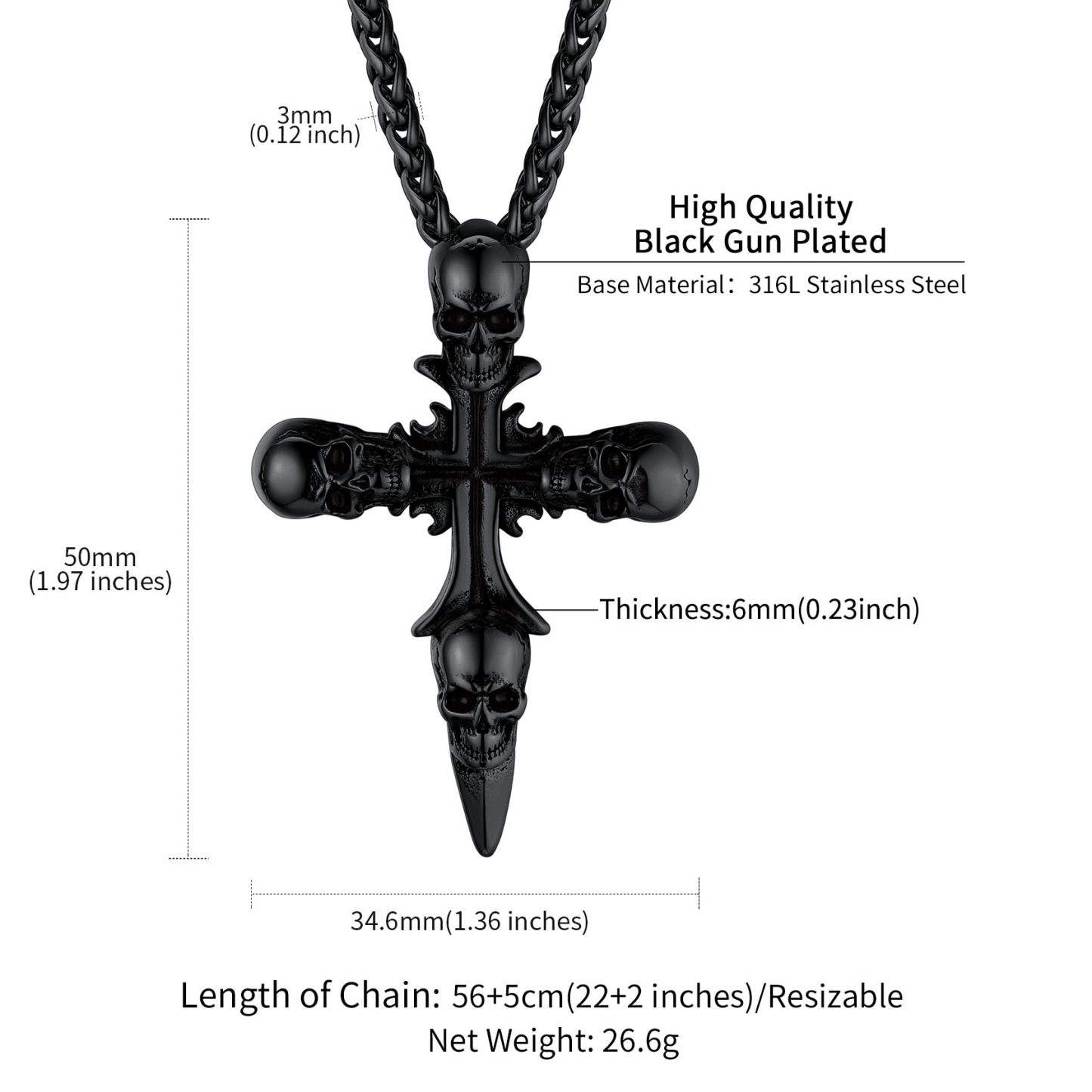Skull Cross Pendant Necklace with Black Plated Size Guide