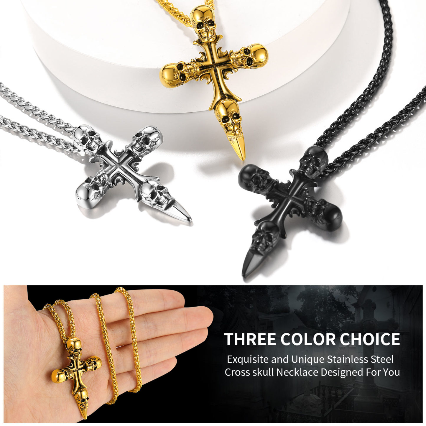 Vintage Skull Cross Necklace for Men - Stainless Steel