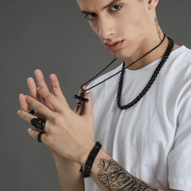 Skull Cross Pendant Necklace with Black Plated