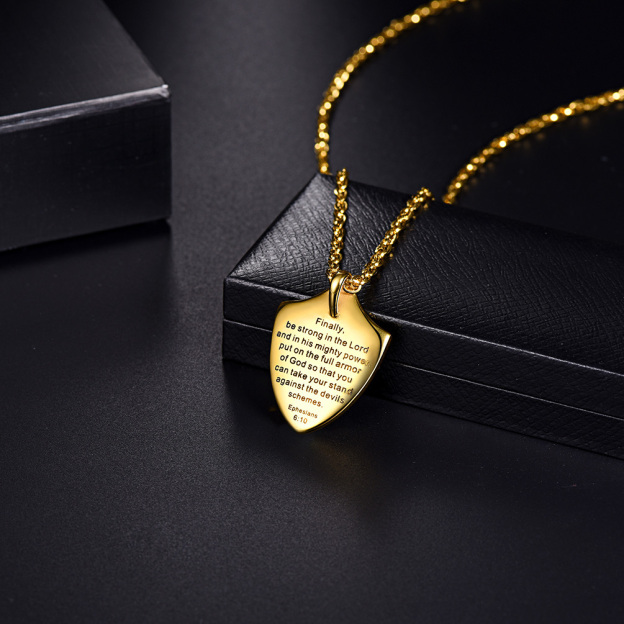 Gold Shield Necklace with Bible Verse on Black Box